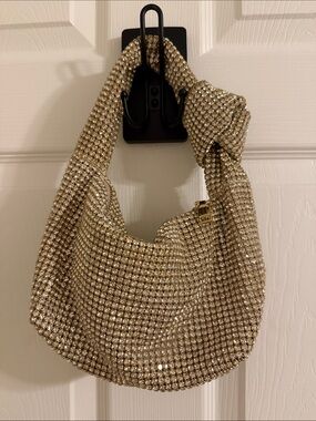 Madison West Gold Crystal Mesh Shoulder Bag with Knotted Handle